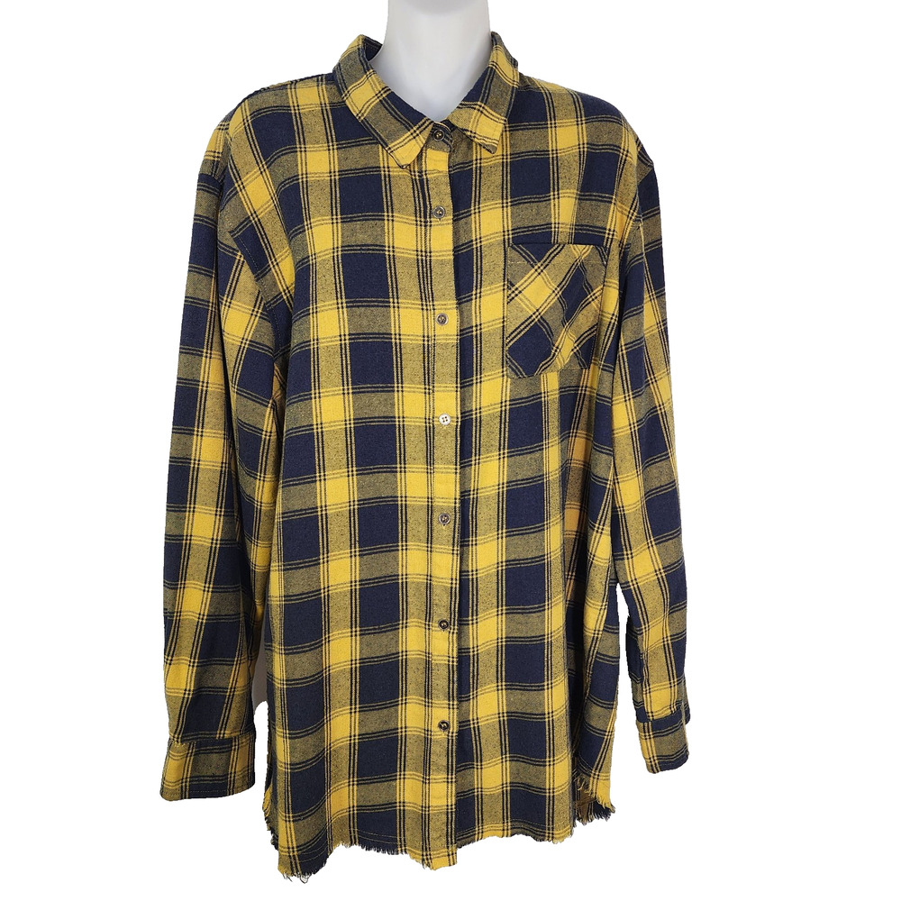 La Miel Shirt Womens Medium Yellow Plaid Flannel Oversized Distressed Raw Hem